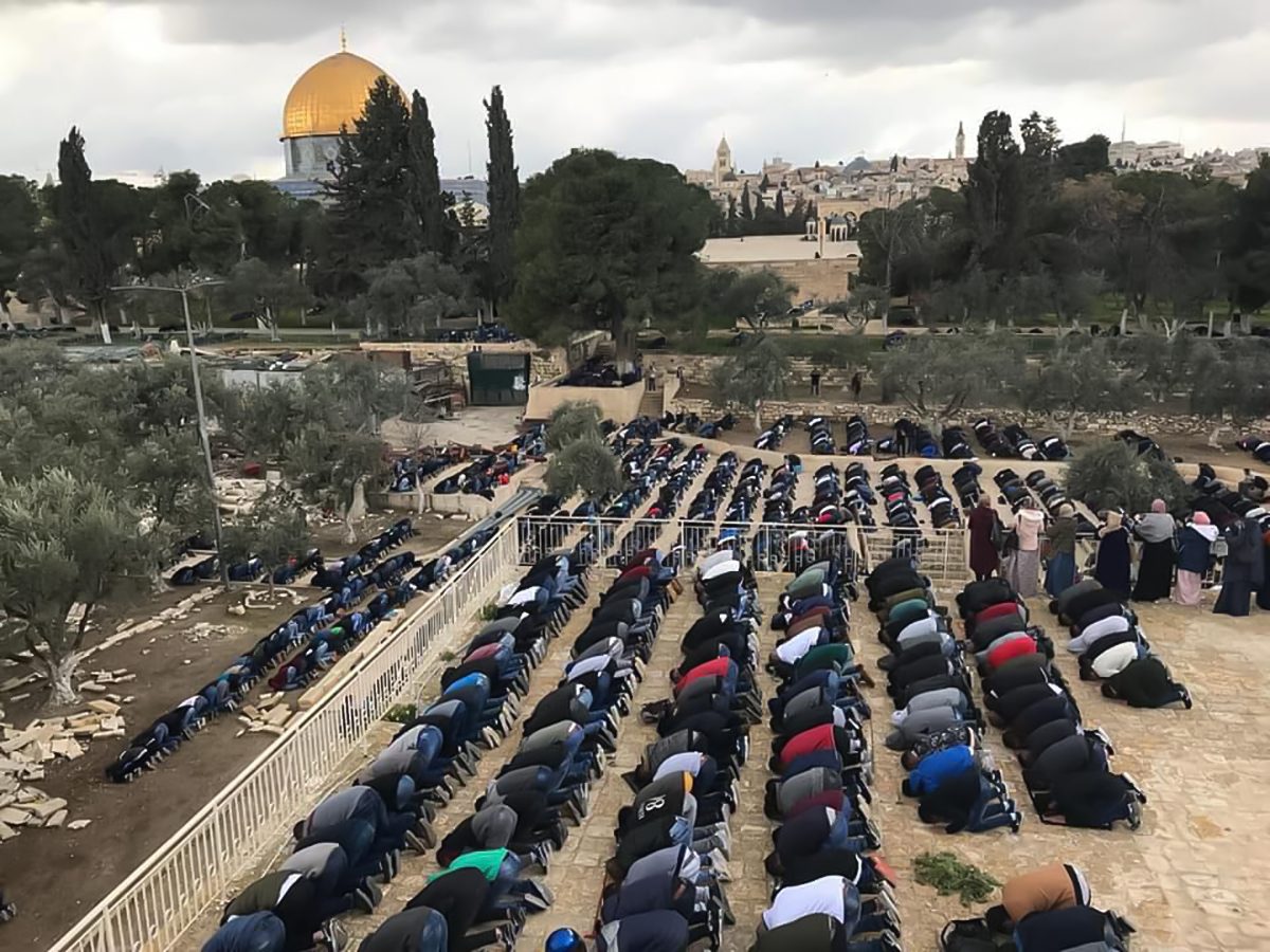 الفلسطينيون يصلون في مصلى باب الرحمة في المسجد الأقصى المبارك بعد إعادة فتحه في شباط 2019/ تويتر