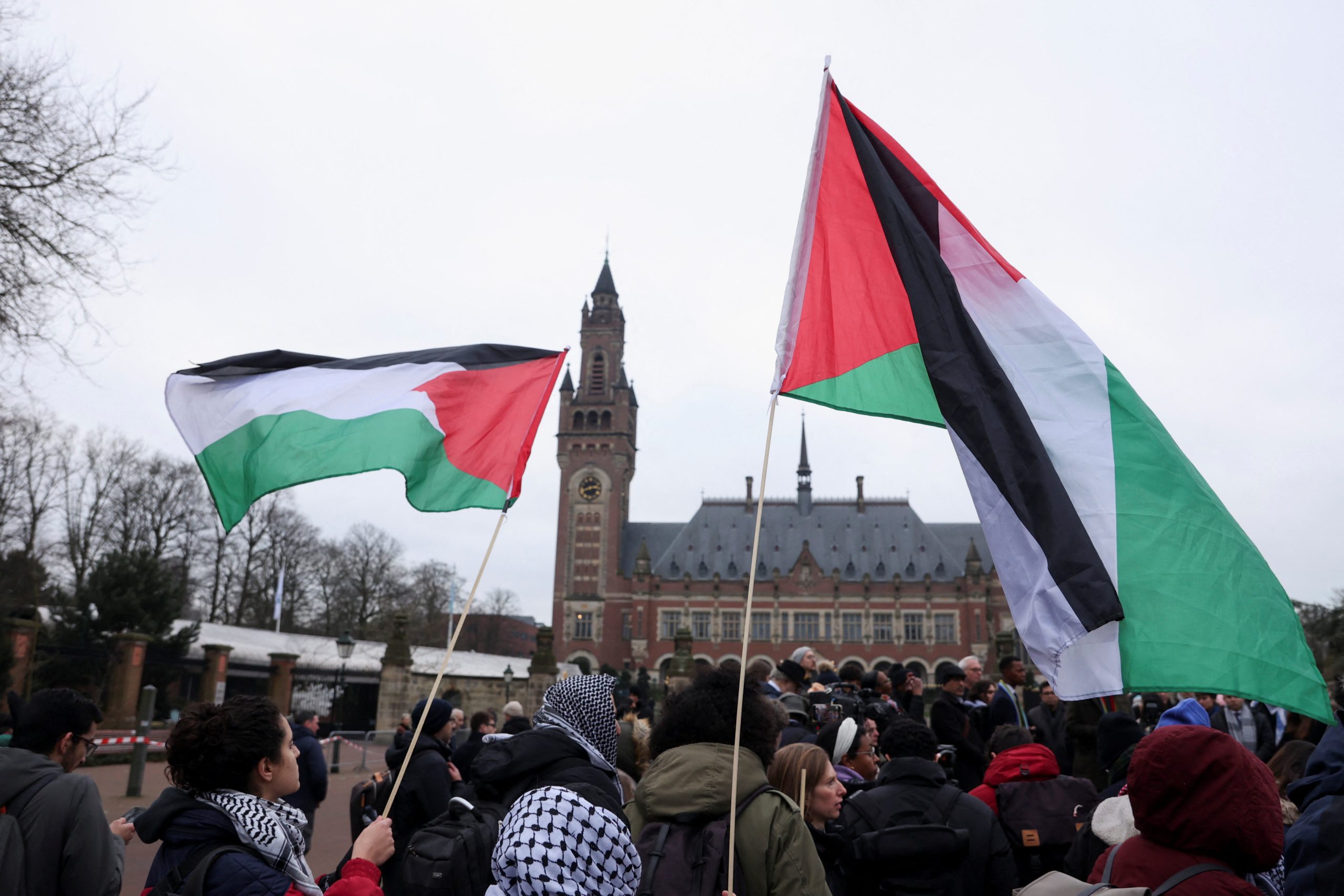 العشرات يتظاهرون أمام محكمة العدل الدولية نصرة لفلسطين وغزة.. رددوا هتافات ضد الاحتلال